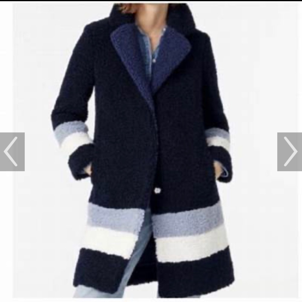 Jcrew navy color block Sherpa long jacket with 3 buttons.